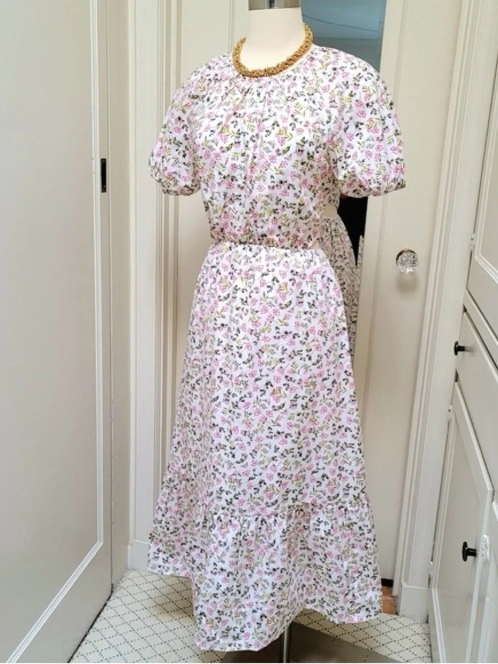 J. Crew Pastel Floral Puff-Sleeve Midi Dress